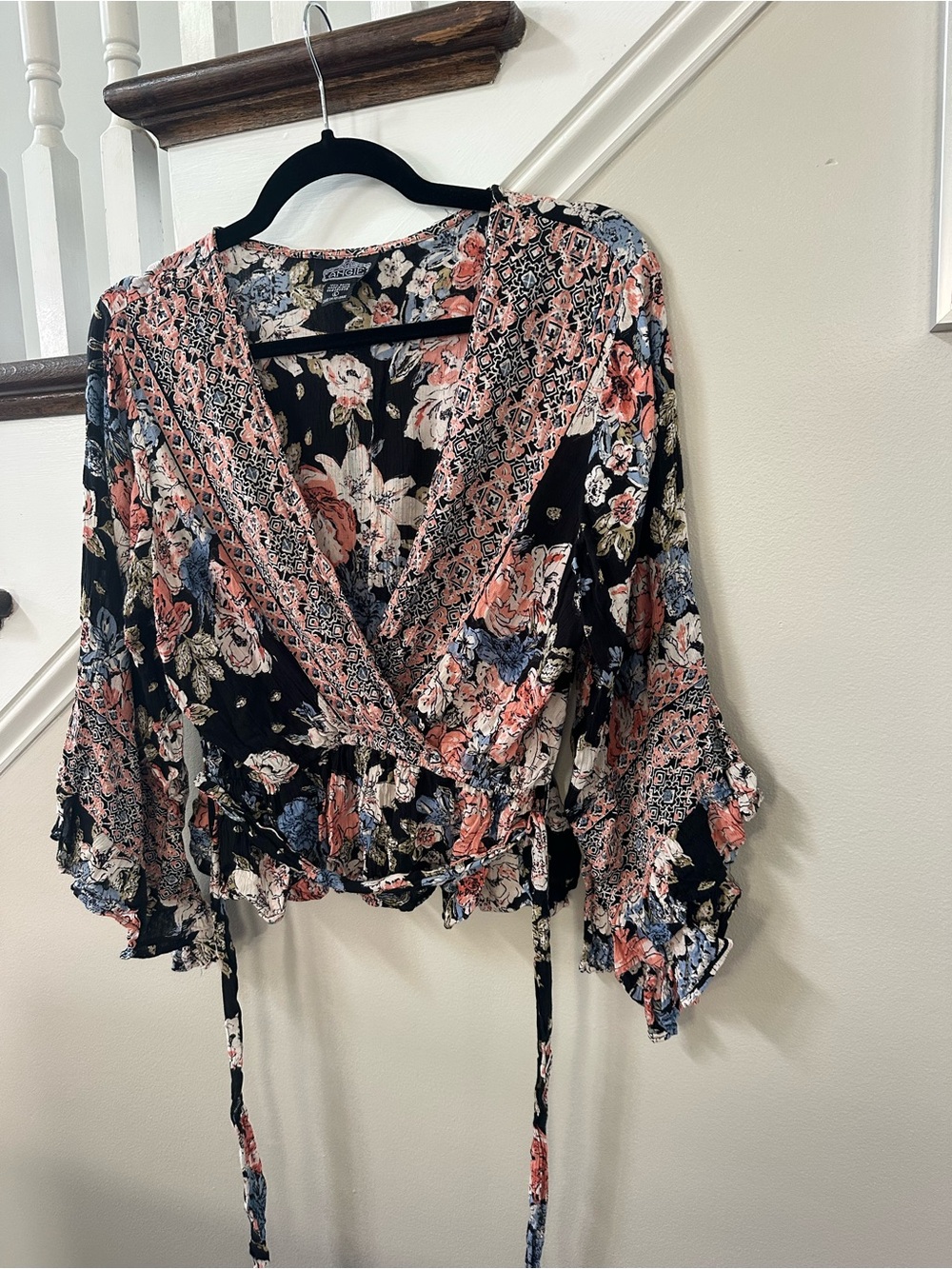 Floral Wrap Blouse - Black & Salmon Pink